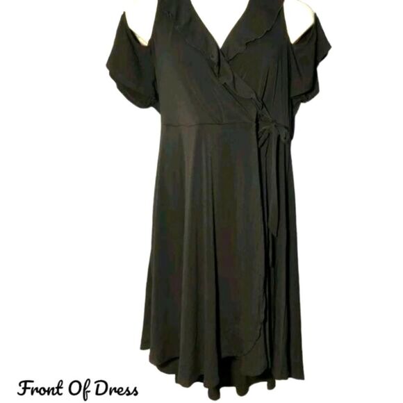 TORRID PLUS Size Black Mini Studio knit Cold Shoulder Wrap Dress. - Picture 2 of 13